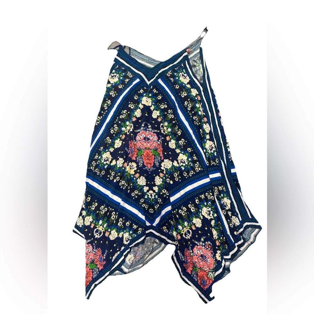 Flying Tomato Navy Floral Asymmetrical Handkerchief Hem Skirt